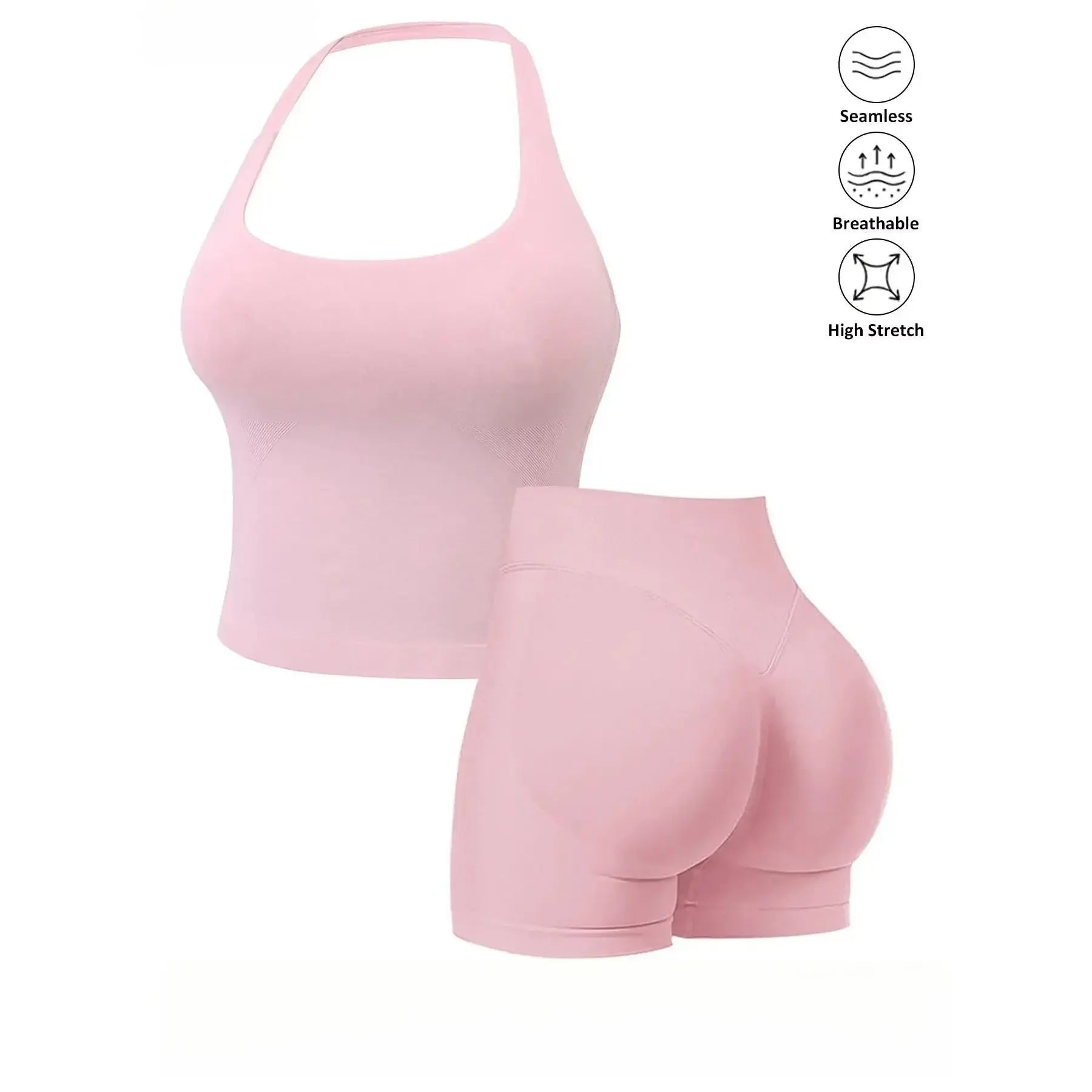 Women’s Seamless 2‑Piece Workout Set – Halter Bra Tank & Scrunch Shorts