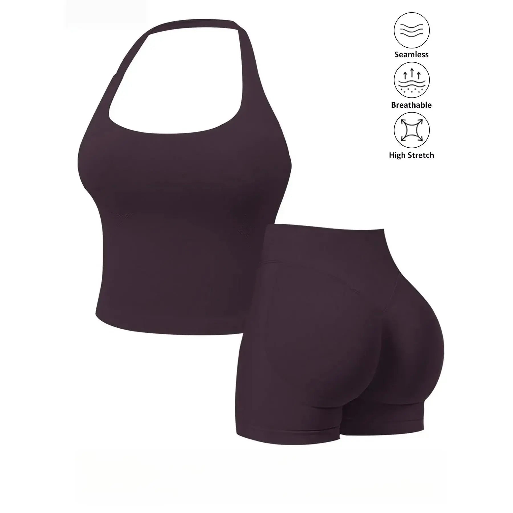 Women’s Seamless 2‑Piece Workout Set – Halter Bra Tank & Scrunch Shorts