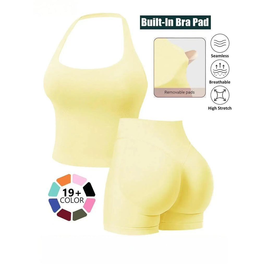 Women’s Seamless 2‑Piece Workout Set – Halter Bra Tank & Scrunch Shorts