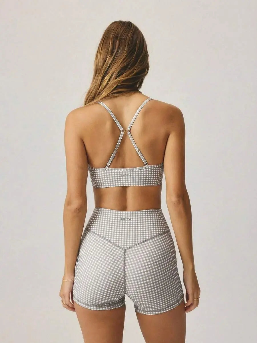 Women’s Plaid Gingham Workout Set – Cropped Cami & High‑Waist Shorts