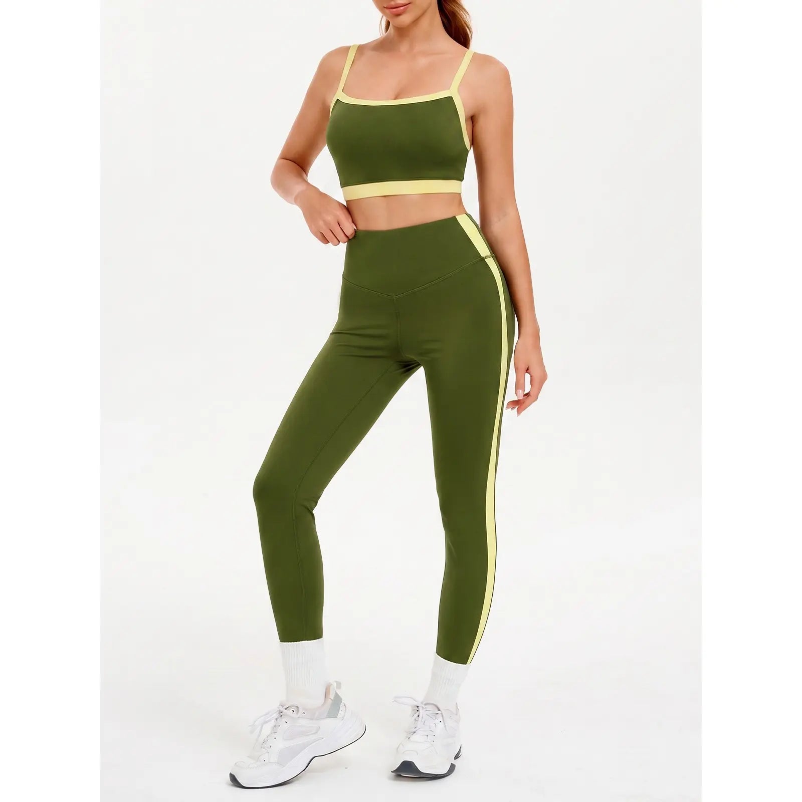 Women'S 2-Piece Yoga Set, Slim Fit Color Block Gym Outfit with Supportive Bra and High Waisted Bottoms with Stripe Detailing