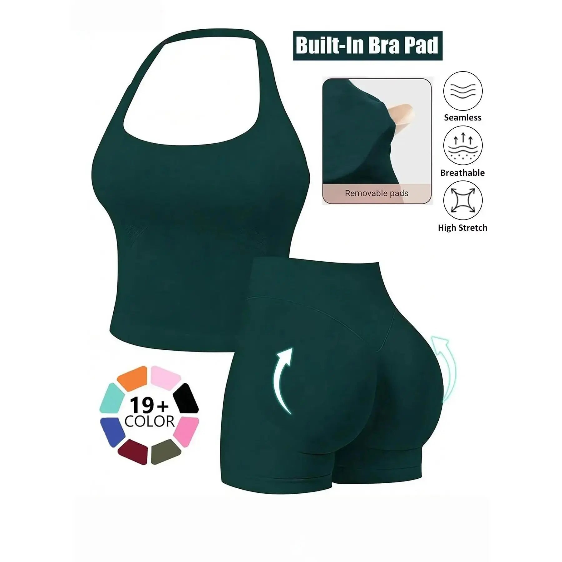 Women’s Seamless 2‑Piece Workout Set – Halter Bra Tank & Scrunch Shorts